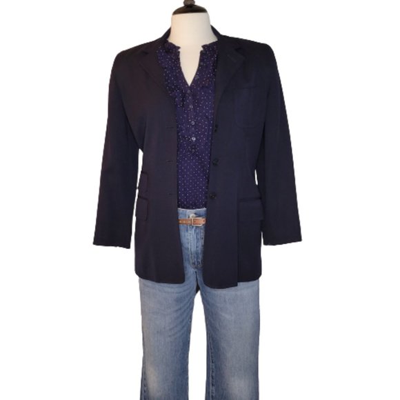 LOFT Navy Poka Dot Ruffle Neck LS Top, Size M, NWOT - Picture 2 of 11